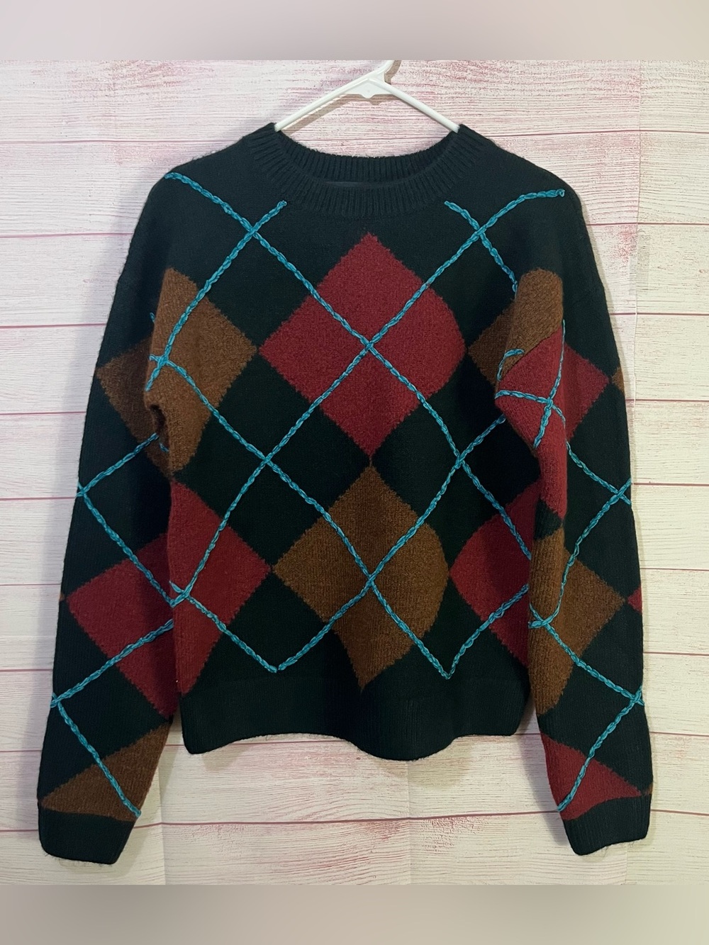 English Factory Multicolor Anthropologie Fuzzy Argyle Crew Neck Sweater Size XS